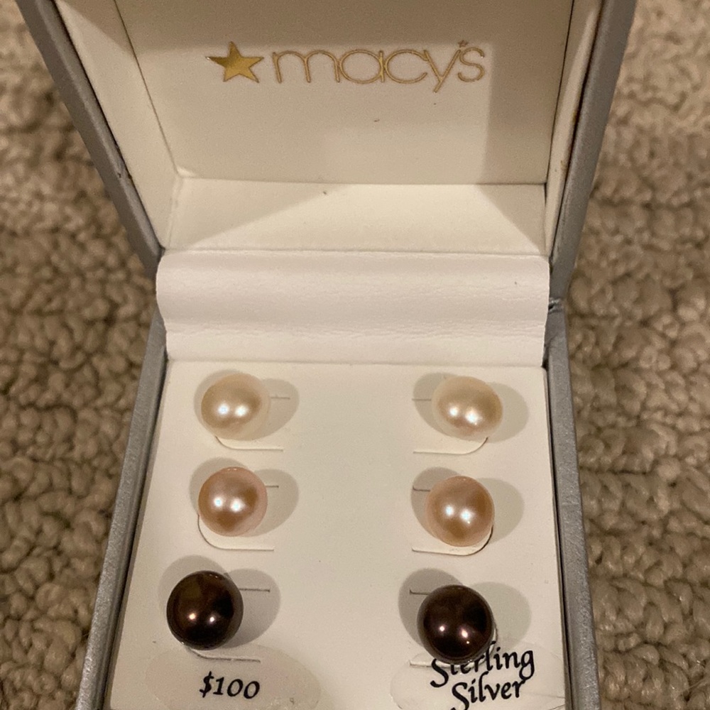 Beautiful Cultured Pearls 3 piece set, 8-9mm with sterling silver backing